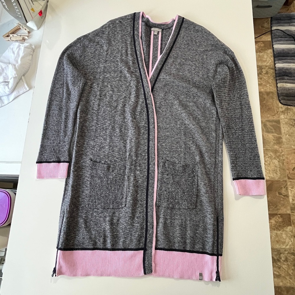T by Talbots Cardigan‎ Women Large Gray Pink Trim Open Front Longline Loungewear - Picture 7 of 11